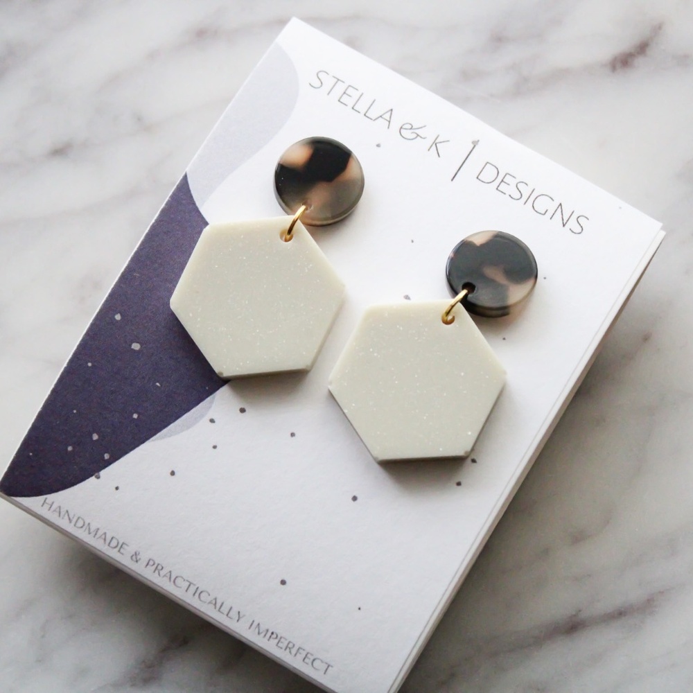 Handmade Earrings - Hexagon Resin Earrings - Cream Shimmer, Tortoise- NEW